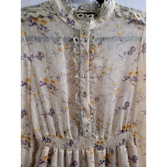 THE SHIRT ROCHELLE BEHRENS XS Sheer Beige Blue Floral Ruffle Trim Mini Dress - Picture 3 of 11